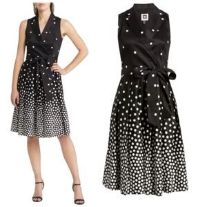 AnneKlein Cotton Fit Flare Faux Wrap Black White Polka Dot Midi Dress Us6 Medium